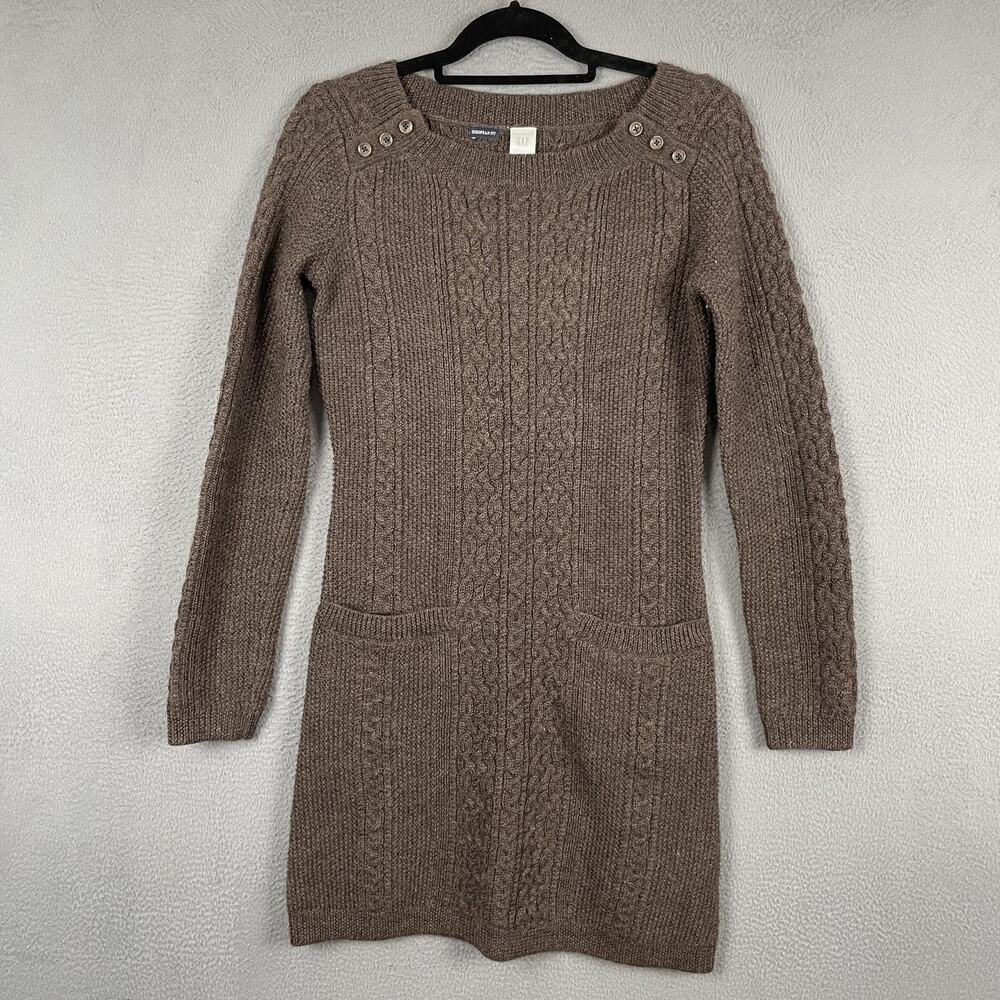 GAP Dress Womens S Brown Sweater Cable Knit Boat Neck Pockets Button Long Sleeve